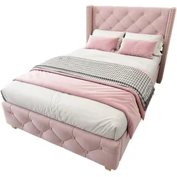 Merax Polsterbett, Massivholz Einzelbett 90x200cm mit Lattenrost und Polster-Kopfteil, Rosa