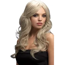 Smiffys Fever Kollektion, Nicole Perücke, Silberblond, sanfte Locken mit Seitenscheitel, 66cm/26in Halloween