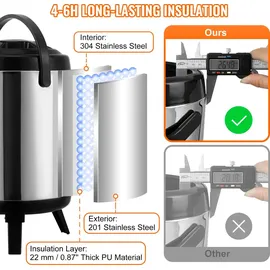 Vevor Heiß- und Kaltgetränkespender Getränkespender 6 L, Edelstahl Heiß- und Kaltwasserbrunnen Großer Getränkespender mit Zapfen für Kaffee, Kalte Milch, Wasser, Saft usw. Isolierkanne 1-2 Personen