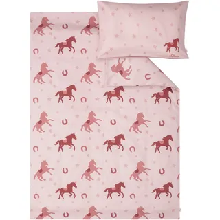 s.Oliver Kinderbettwäsche 100x135 cm Pferde", - 100% Baumwolle, Babybettwäsche für Mädchen & Jungen, praktischer Reißverschluss, maschinenwaschbar, Mako Satin Bettwäsche, Kinder, 2tlg. Pferdemotiv rosa