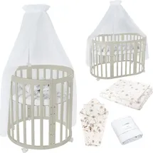 Waldin Mobiles Babybett OWAL aus Holz 7in1 mit Matratze, mitwachsend,Stoffe Weiß Löwenzahn,Holz olive - Olive