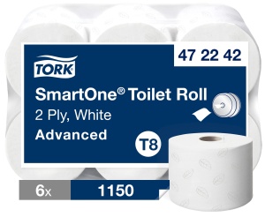 Tork Toilettenpapier SmartOne, T8 kompatibel, 18 x 13,4 cm, weiß, Einzelblattentnahme, rasch zersetzbares Papier vermeidet Rohrverstopfungen, 1 Paket = 6 Rollen á 1.150 Blatt = 6.900 Blatt