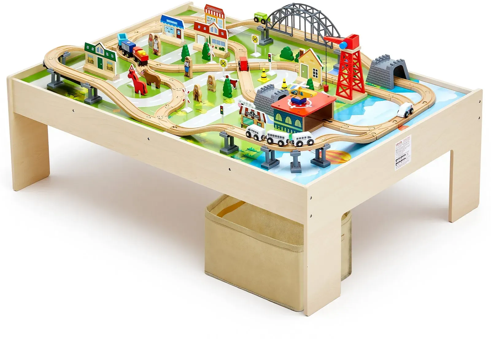 VEVOR Holz Aktivitätstisch, 120-teilig, mit zusammenklappbarem Aufbewahrungsbehälter, 3-in-1-Eisenbahn-Set zum Spielen, Malen, Lesen, Essen, kreatives Spielzeug-Set für Kinder ab 3 Jahren