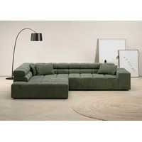 Ecksofa INOSIGN "Ancona incl. Kopfteilverstellung, Zierkissen Breite 319cm, L-Form" Sofas Gr. B/H/T: 319cm x 70cm x 215cm, Cord, Recamiere links, ohne Sitztiefenverstellung, grün (oliv) wahlweise motorische Sitztiefenverstellung, auch in Cord + Easy Care