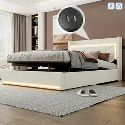 Merax 140*200cm Polsterbett, Doppelbett, Ambientelicht am Ende des Bettes, mit USB-Anschluss, großer Stauraum, Beige