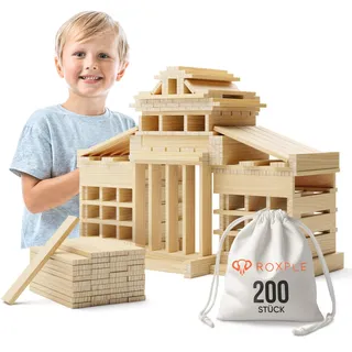 ROXPLE Holzbausteine Natur 2OO Stück, Montessori Spielzeug für Kinder ab 3 Jahren, Klötzchen zum Basteln, ideales Konstruktionsspielzeug mit Bausteine Holz, Holzklötze im Baumwollbeutel