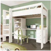 Flieks Hochbett Kinderbett Einzelbett 90x200cm mit Schreibtisch USB-Aufladen Schrank weiß