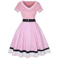 WEITING Vintage-Partykleid für Damen mit Gürtel, Gepunkteter Print, kurzärmelig, Hepburn-Robe, Pin-Up-Rockabilly-Kleider-Rosa-XXXL