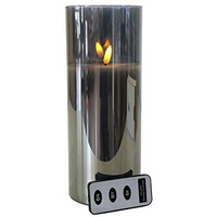 Hochwertige LED Kerze im Glas - mit Fernbedienung & Timer - ⌀ 10 cm - Realistische & Flackernde Flamme - Weihnachten Deko (Grau, Groß: 25 cm)