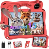 SUAAT Android 15 Kinder Tablet, 9 Zoll HD Display Kids Tablet, 12 + 32 GB(2TB TF), WiFi 5G, iWAWA, Widevine L1, GMS, 5MP+8MP, OTG,AI, Cast, 5000mAh, Elternkontrolle, mit Eva Schutzhülle – Rot