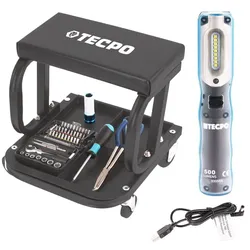 TECPO Werkstattrollhocker mit Werkzeug Ablage + AKKU...