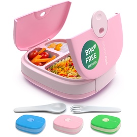 Umami Kids Lunch Box mit Besteck,auslaufsicher,langlebig,Bento-Stil,3 große Fächer,ideale Portionsgrößen für 3 bis 9 Jahre,Kita-Jungen und Mädchen,BPA-frei,mikrowellen- und spülmaschinenfest (Pink)
