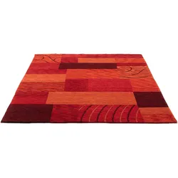 Wollteppich THEKO "Domas 4028", rot, B:170cm H:12mm L:240cm, Schurwolle, Teppiche, Kurzflor, reine Wolle, handgeknüpft, modernes Patchwork Design