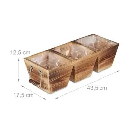Relaxdays Blumenkasten, 3 Fächer, Holz Pflanzkasten mit Folie, HxBxT: 12,5 x 43,5 x 17,5 cm, Vintage Kräuterkiste, natur