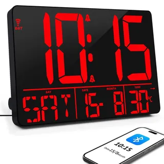 XREXS Wanduhr Digitale Groß, Automatische Kalibrierungszeit, 13'' Digital Uhr mit LED-Display, Wanduhr mit Uhr/Datum/Temperatur/Timer/Wecker(Bluetooth-Kopplung)