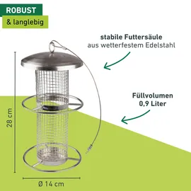 WINDHAGER Vogelfuttersilo Edelstahl, Wetterfest, 0,9 l, Futterstation für Wildvögel, 14 x 14 x 28 cm