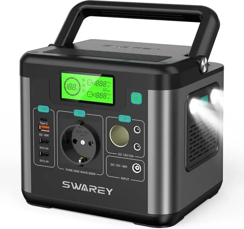 [Sommerangebote - mit Next-Day-Lieferung] SWAREY Tragbare Powerstation 300 W, 222 Wh (Peak 600 W) AC-Steckdose Solar-Generator, 65 W USB-C-Schnellladung, Notstromversorgung für Zuhause Outdoor Camping Reisen