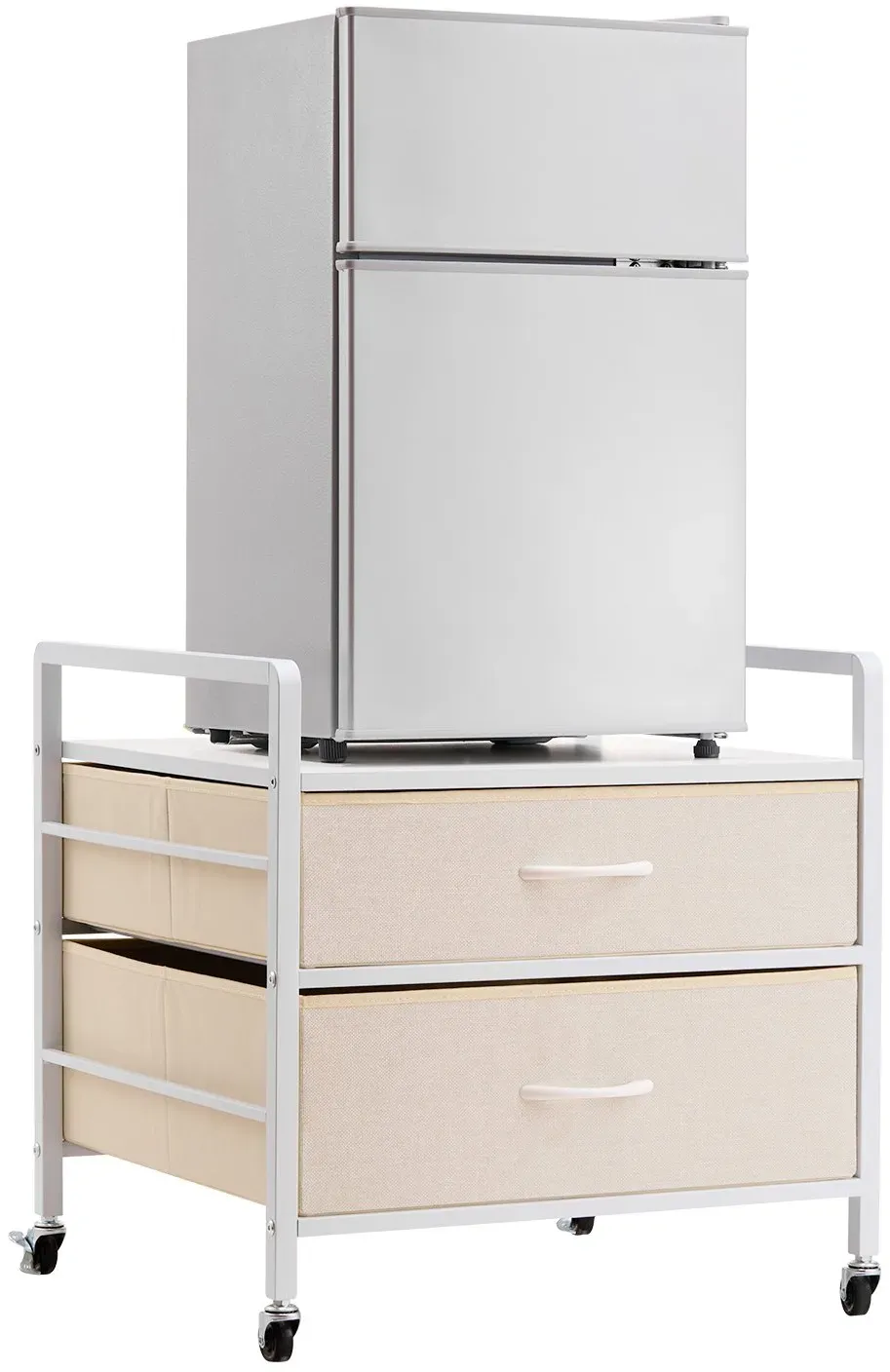 VEVOR Mini-Kühlschrankständer auf Rollen Kühlschrankhalter mit 80 kg Tragkraft, Mini-Kühlschranktisch mit 2 Schubladen & 4 Lenkrollen, mobiles Kühlschrankregal für Wohnheim Wohnung Büro Weiß