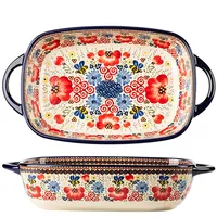 Bicuzat Vintage Blumenstil Keramik Backform Auflaufform Backform Lasagneformen Backgeschirr mit Griffen für Ofen/Kochen/Küche - 1 STK - Rote Blumen - 1,7 l