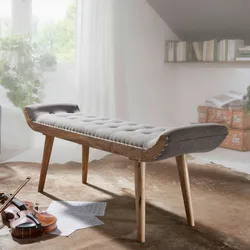 Kadima Design Sitzbank aus Massivholz und Stoff: Chesterfield-Muster, Massivholzbeine. Beige, Material: Stoff, 125x38x50 cm