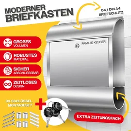 Kesser XXL Briefkasten Edelstahl gebürstet silber inkl. Zeitungsfach