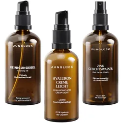 Junglück Basis-Pflege Ölige Haut - Reinigungsgel, Hyaluron Creme und Zink Gesichtswasser 250 ml 