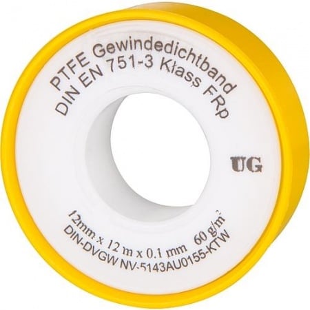 Teflon Dichtband PTFE-Gewindedichtband DVGW mit gelbe Hülle, Dicke x Länge: 0,1 mm x 12 m (Teflonband DVGW 12mm x 12m x 1mm: 5 Rolle Teflon DVGW 12m x 1,00mm, 12mmm GELB **5 Rollen**)