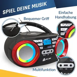 Klim Boombox B3 Tragbarer CD Player + FM Radio, MP3, Bluetooth, AUX, USB, RGB LED + kabel- & kabelloser Betrieb mit wiederaufladbaren Akku blau - Rot