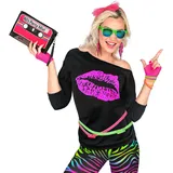 W WIDMANN MILANO Party Fashion - T-Shirt 80er Jahre Mode Girl, ärmelloses Shirt, Kiss Lips, Disco Fieber, Faschingskostüme