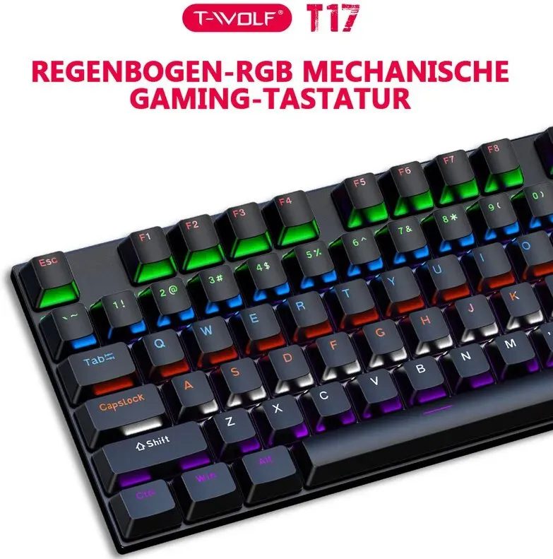 Rexsun T17 100 % kabelgebundene mechanische Tastatur, QWERTY US-Layout, 104 Tasten, RGB-Hintergrundbeleuchtung, USB-kabelgebunden, Anti-Ghosting, ergonomisches Design, kompatibel mit Windows und Mac, Schwarz, T17