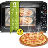 TurboTronic Minibackofen mit Umluft und Drehspieß 45 Liter, Schwarz, inkl. 2x Backblech, 2000W Mini Tisch Backofen Camping Pizzaofen Klein/Groß