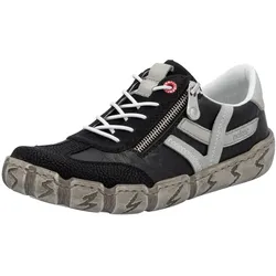 Slip-On Sneaker RIEKER, Damen, Gr. 38, schwarz (schwarz, grau), Leder, Lederimitat, kontrastfarbene Details, sportlich, Schuhe, Halbschuh, Schlupfschuh, Freizeitschuh mit weicher Innensohle, Topseller