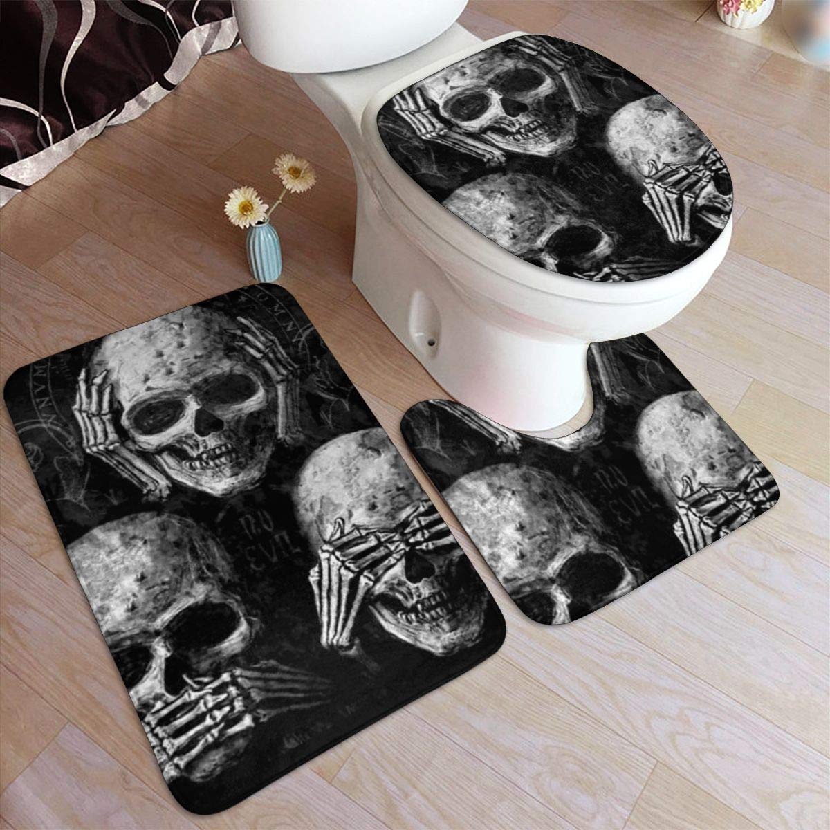 LAOLUCKY 3 Pack Bath Mat Set Large Contour Bathroom Rugs Absorbent Non-Slip Flanell Shower Mats Toilet U-Shaped Contour Rug Lid Cover Carpet Skulls Day Of The Dead Gothic Smile