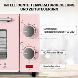 Woltu Minibackofen 10 Liter, 650 Watt Toasterofen, Kleiner elektrischer Backofen, 100-230 °C, 60 Min, Ober- und Unterhitze, mit Backblech Grillrost Entnahmegriff, Rosa