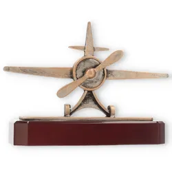 Pokal Zamakfigur Propellerflugzeug altgold auf mahagonifarbenen Holzsockel 16,5cm
