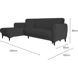 Dmora Schlafsofa Angel, Eckschlafsofa mit Halbinsel, mit Stauraum, Chaiselongue und 3 Kissen, 230 x 81/153 x 85h cm, Anthrazit
