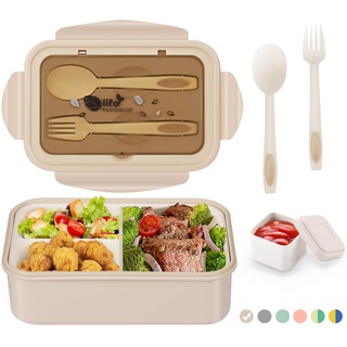 LUZOON Lunchbox, Bento Box Brotdose Erwachsene 1400ml mit 3 FäChern für Kinder inkl. Besteck, Jausenbox für Mikrowellen Und SpüLmaschinen, Schule, Arbeit, Picknick, Reisen, BPA Frei (Khaki+Saucenbox)