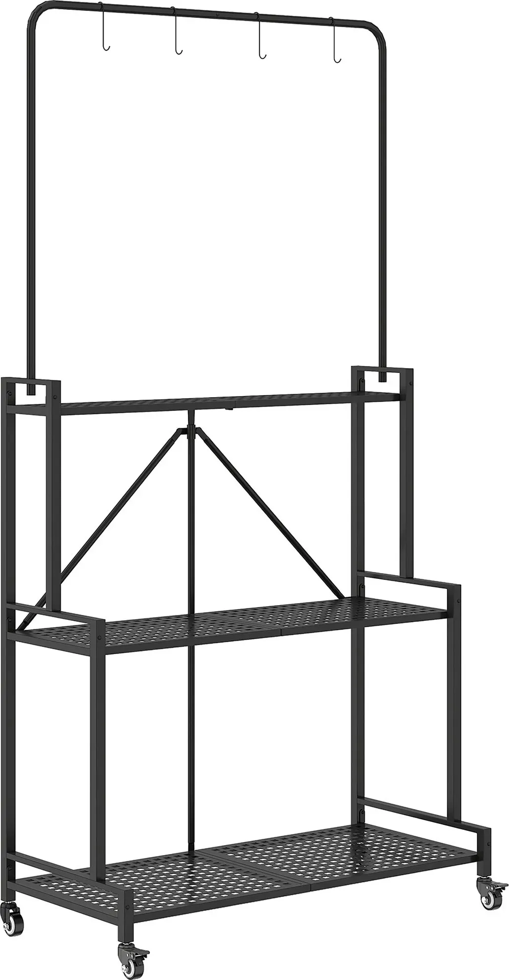 Outsunny 3-Etagen Pflanzenständer Klappbar Blumenständer mit Rolle, Haken, Pflanzenregal aus Metall, mehrstöckig Blumenregal, Blumentreppe Blumentopfständer für Garten Balkon Deko, Schwarz   Aosom