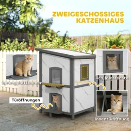 PawHut Katzenhaus aus Holz, 2-stöckiges Outdoor Isolierte Katzenhütte mit Fenster Türen