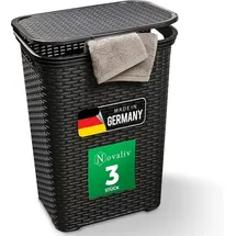Novaliv 3 Stück Rattan Wäschekorb mit Deckel 60L Schwarz, Wäschebox Set Wäscheeimer Wäschebehälter modern für Bad Wäsche Schmutzwäsche, Wäschekörbe Schmutzwäschebehälter Sammler Korb