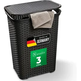 Novaliv 3 Stück Rattan Wäschekorb mit Deckel 60L Schwarz, Wäschebox Set Wäscheeimer Wäschebehälter modern für Bad Wäsche Schmutzwäsche, Wäschekörbe Schmutzwäschebehälter Sammler Korb