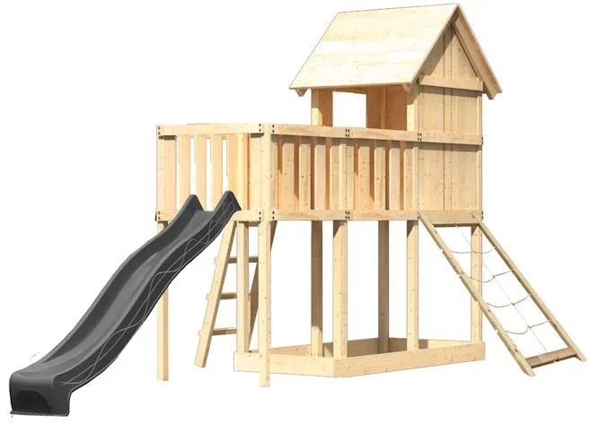 Akubi Stelzenhaus Frieda mit Wellenrutsche anthrazit, Anbauplattform und Netzrampe