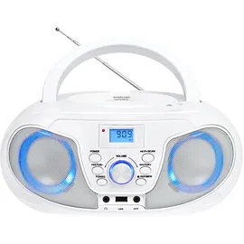 Silva Schneider MPC 25.4 USB – Tragbarer CD-Player mit UKW-Radio, USB für MP3, AUX & Kopfhöreranschluss, LCD-Display, 40 W p.m.p.o., Netz-/Batteriebetrieb – Weiß