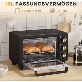 Homcom Minibackofen 16 L 1400W Mini Backofen 100-230°C 60 Min. Timer, mit Grillrost und Backblech, Pizzaofen mit Tablettgriff, Schwarz - Schwarz