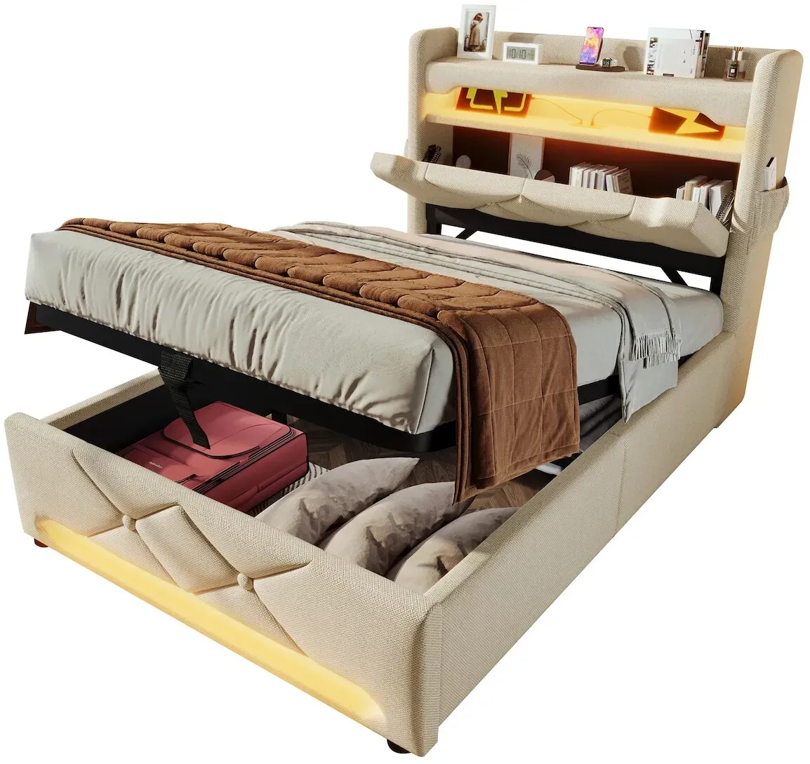 OKWISH Polsterbett 90x200 mit hydraulischem Stauraum, USB-Anschlüssen, LED-Beleuchtung und Ladefunktion für Smartphone – Beige