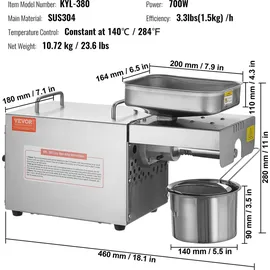 Vevor Elektrische Ölpresse, 700 W Edelstahl-Ölextraktionsmaschine, 140 °C / 284 °F konstante Temperatur, Heißpress-Ölpresse zum Pressen von E...