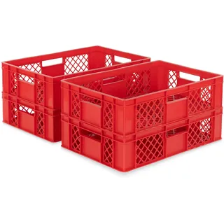 DIE BOX FABRIK 4er SET Bäckerkisten 600x400x150mm, Bäckerkiste, Brotkiste, Brotkörbe, Brötchenkiste, Aufbewahrungsbox offen, 60x40x15cm, Stapelbehälter, Eurobehälter, Stapelkisten (Rot)