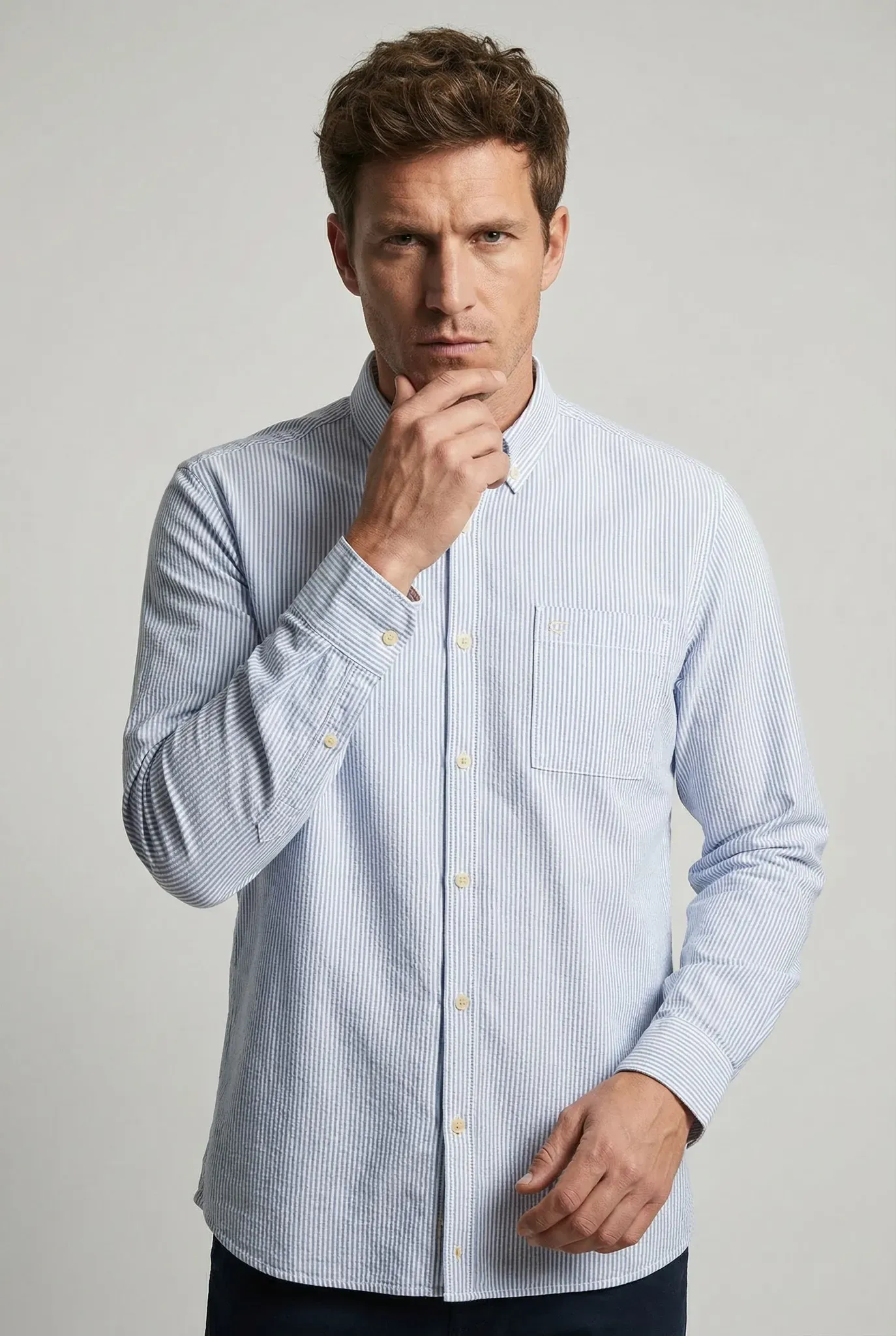 Langarmhemd CAMEL ACTIVE, Herren, Gr. M, N-Gr, blau (sky blau), Stoff, Obermaterial: 100% Baumwolle, gestreift, regular fit, Rundhals, 2-Knopf-Manschette, Hemden, mit Button-down-Kragen