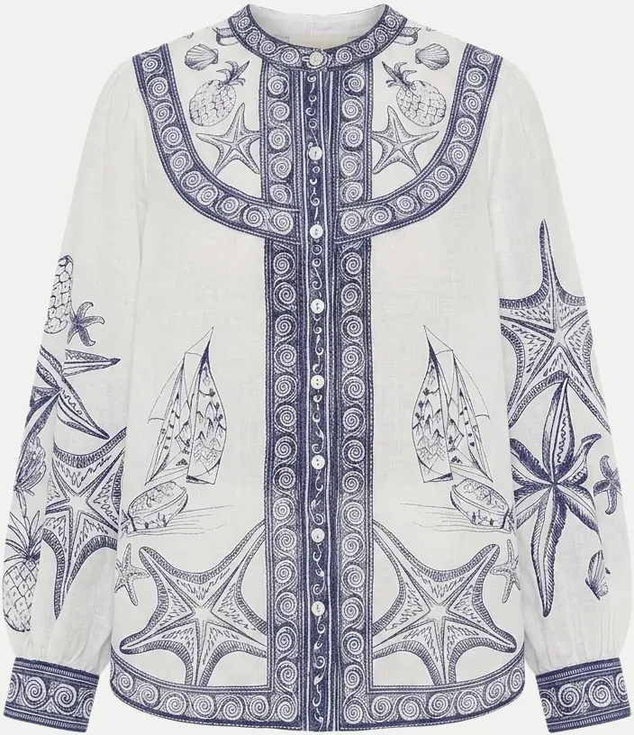 Bluse mit Küsten-Schal Weiß M