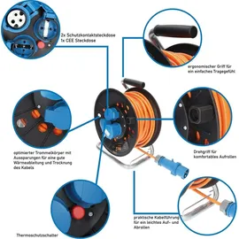 KALLE DAS KABEL Kabeltrommel Camping H07BQ-F 3G 2,5mm2 EXTREME SIGNAL Orange IP44 2x Schutzkontakt / 1x CEE 230V 16A Schutzart